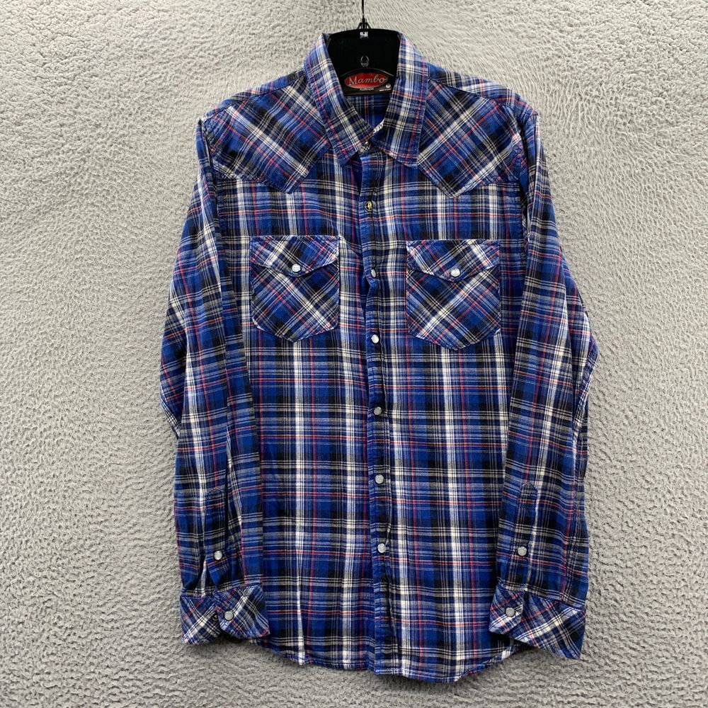 MAMBO Australia Shirt Mens Small Button Up Plaid Long Sleeve Blue